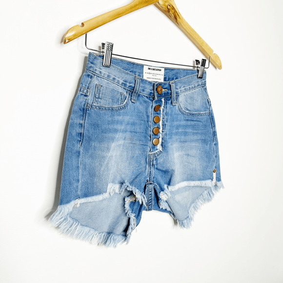 ONETEASPOON X FREE PEOPLE High Rise Bonita Raw Hem Denim Shorts button fly 24 - Picture 3 of 9
